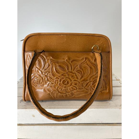 PATRICIA NASH BROWN LEATHER EMBOSSED FLORAL SMALL HANDBAG - Picture 1 of 16